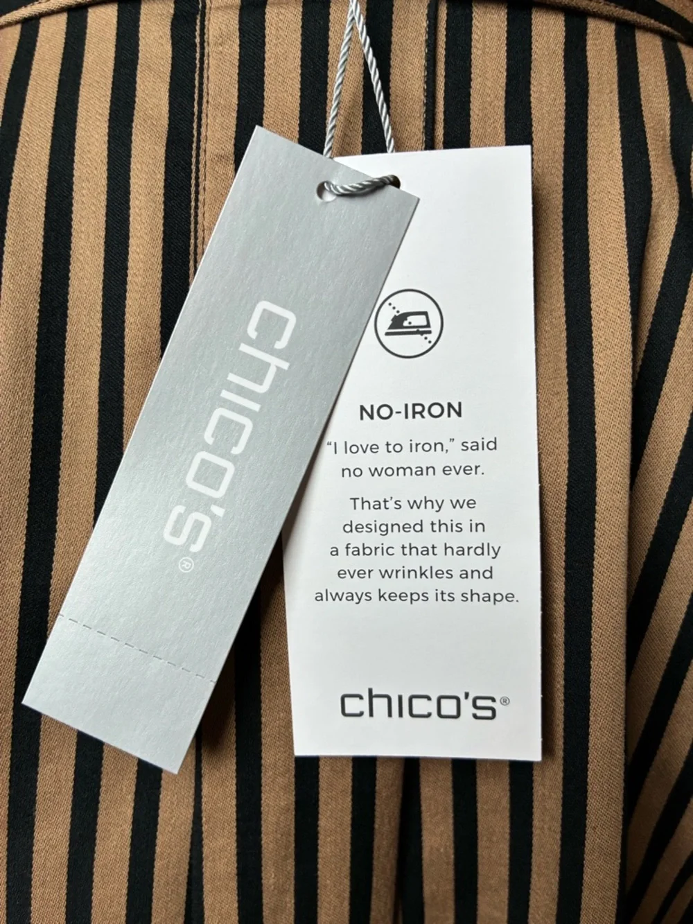 NWT Chico’s No-Iron Slimming Imperial Stripe Blouse Tan Black
